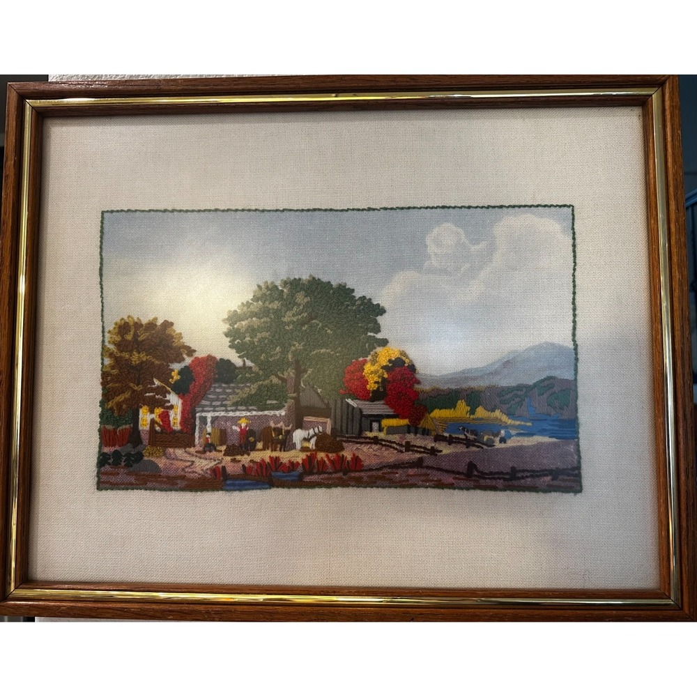 Currier and Ives Framed Cross Stitch Autumn New England Cider Making Farm Scene